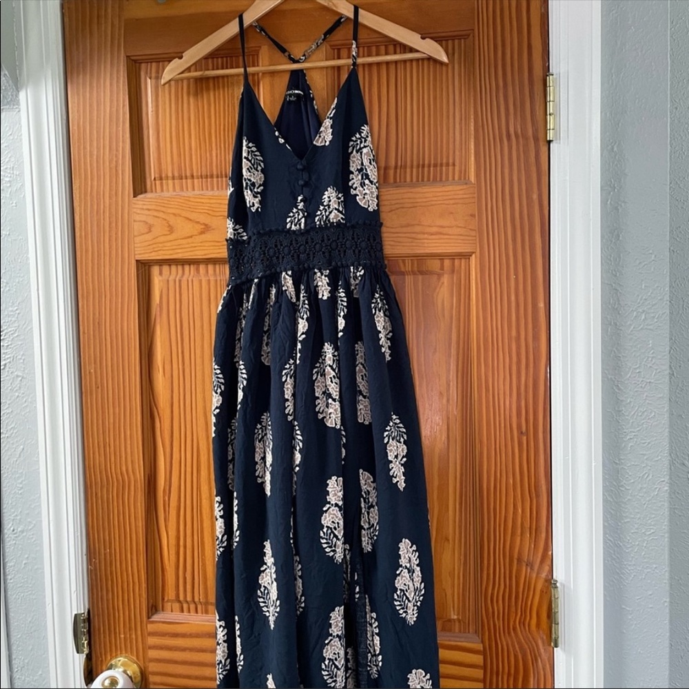 Dark blue maxi dress with gold leaves